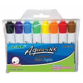 MARCADOR BASE AGUA 8 COLORES A-INK