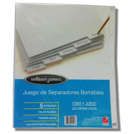 SEPARADORES WILSON JONES BLANCOS BORRABLES 5 DIVISIONES