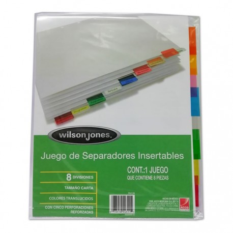 SEPARADORES WILSON JONES 8 DIVISIONES INSERTABLES COLORES TRANSLUCIDOS